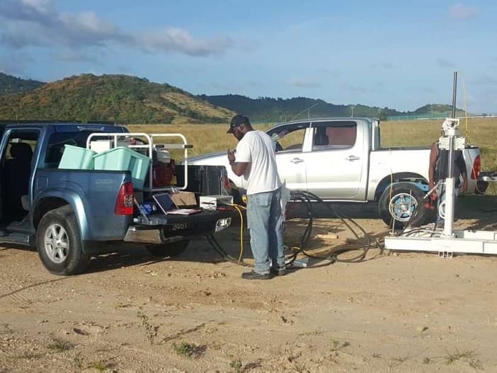 GID field crew with a CPTu rig and support vehicles near Rodney Bay